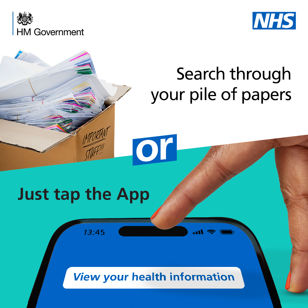 An image of a box of paperwork and a mobile phone. Text says: Search through your pile of papers or just tap the App.