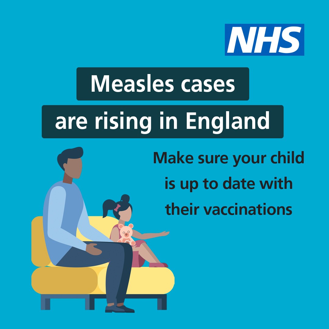 Illustration of a dad and child sitting on a sofa. Text says: Measles cases are rising in England. Make sure your child is up to date with their vaccinations.